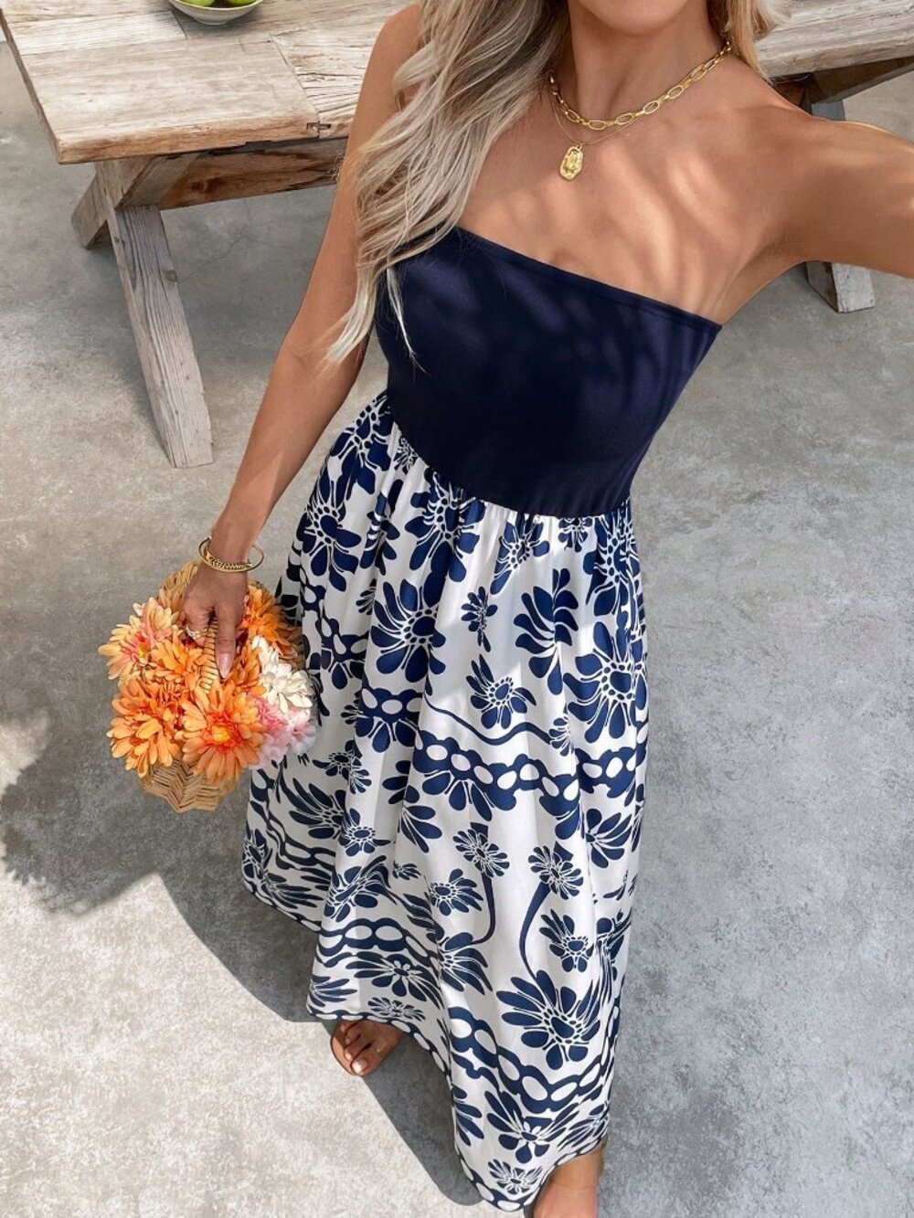Blue Boho Women's Strapless Long Floral Dress - Picture 5 of 7